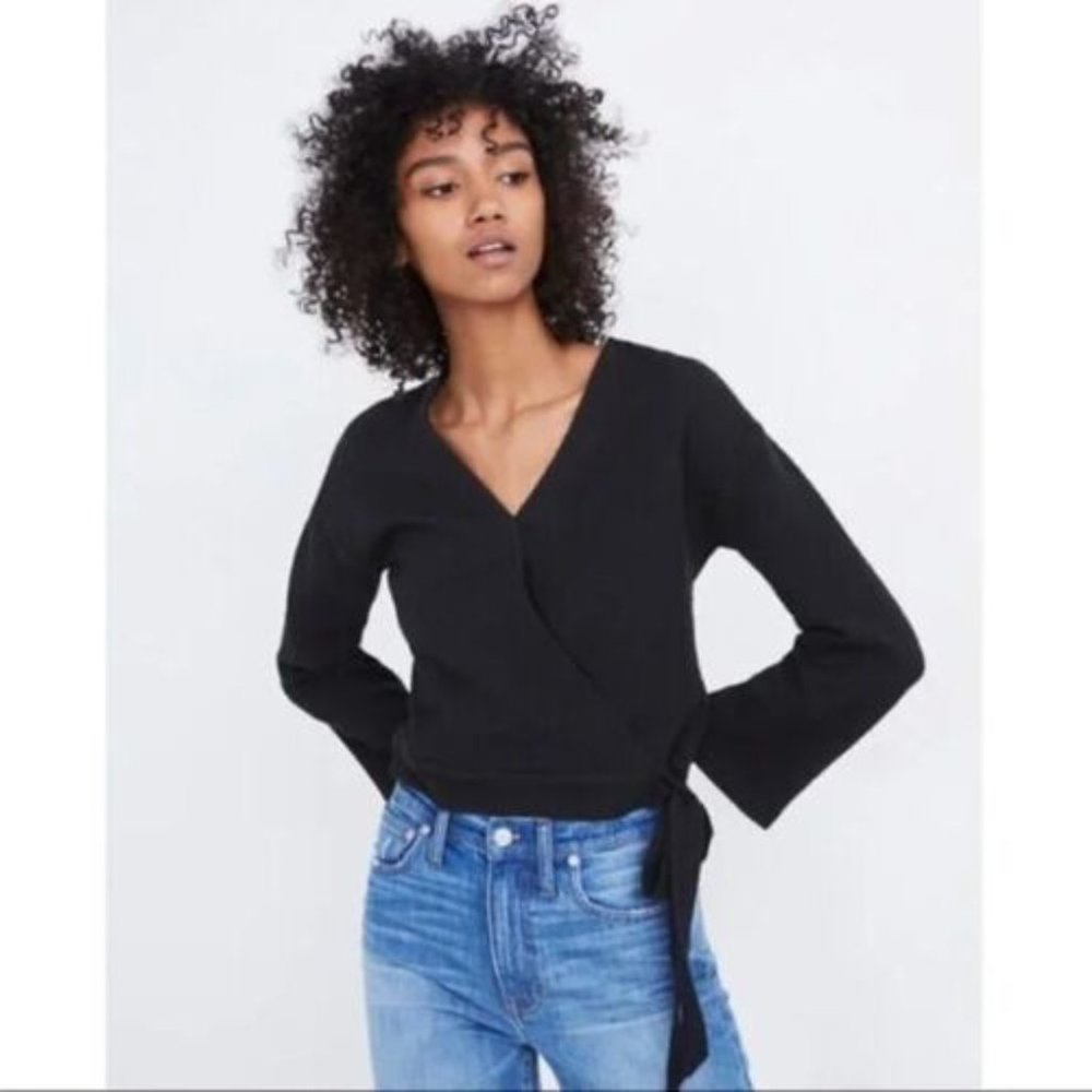 Madewell Texture & Thread Faux Wrap Black Textured Top Size Medium